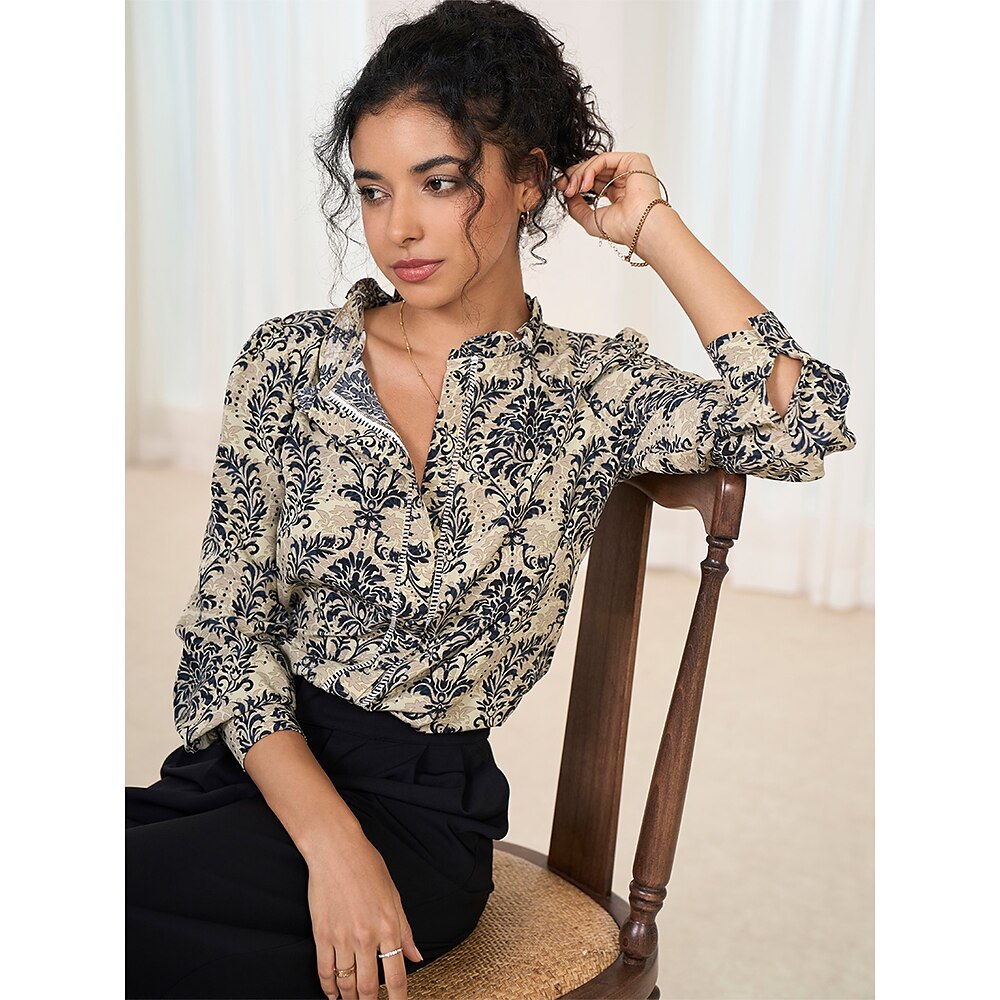 Damen Hemd Bluse Blumen Damast Taste Ausgeschnitten Bedruckt Arbeit Casual Modisch Geschäftlich Klassisch Langarm Marineblau Sommer Frühling Herbst Lightinthebox