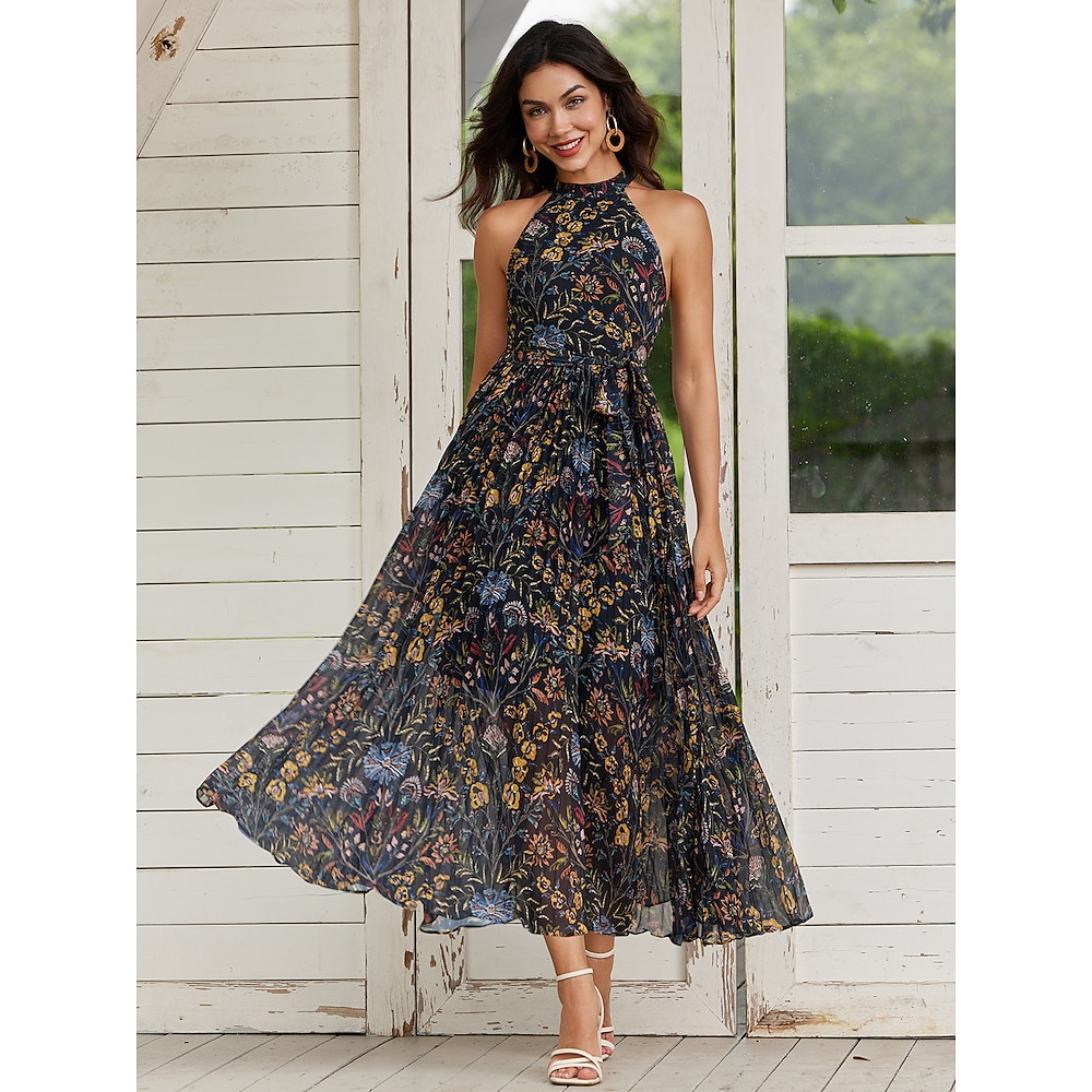 Damen Schaukelkleid Elegant Böhmen Stilvoll Blumen Midikleid Ärmellos Halfterhals Vorne binden Regular Fit Cocktailparty Schwarz Sommer Frühling Lightinthebox