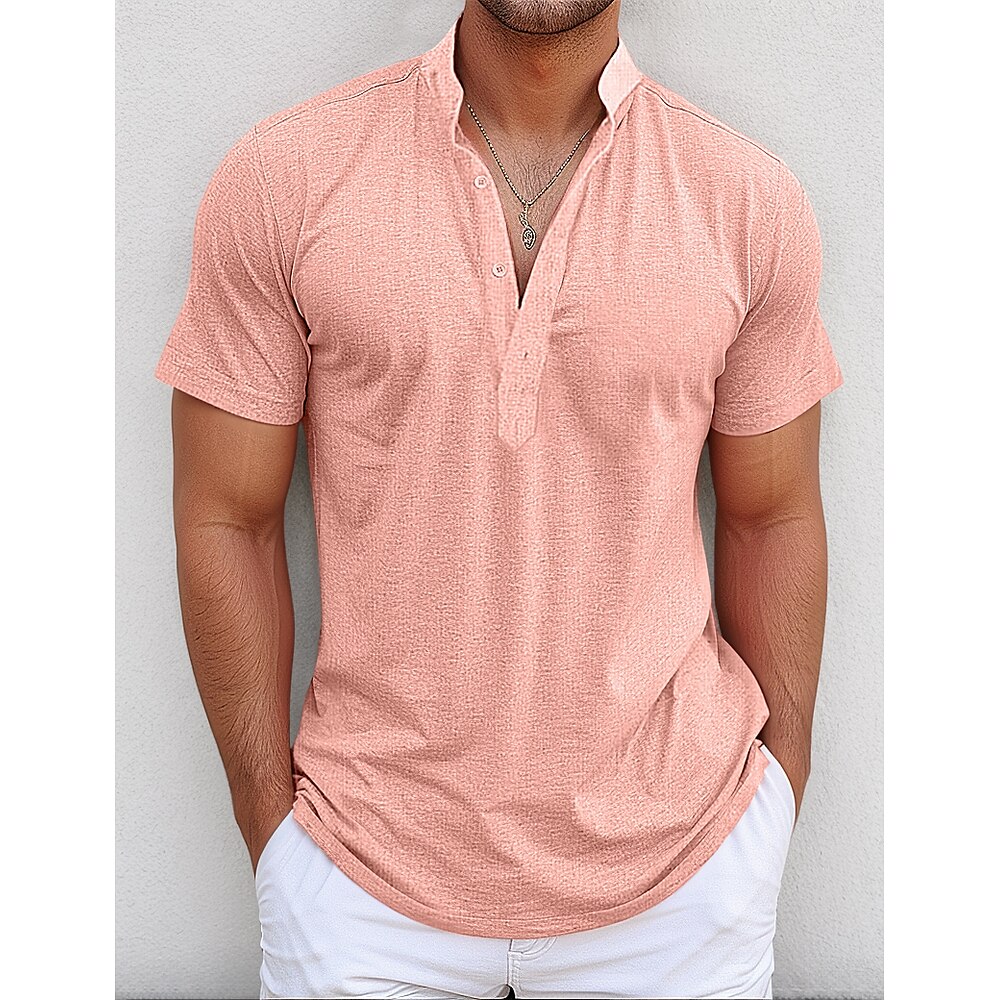 Herren Hemd leinenhemd Popover-Shirt Sommerhemd Strandbekleidung Hemd mit Stehkragen Schwarz Weiß Rosa Grün Kurzarm Glatt Henley Sommer Casual Täglich Bekleidung Lightinthebox