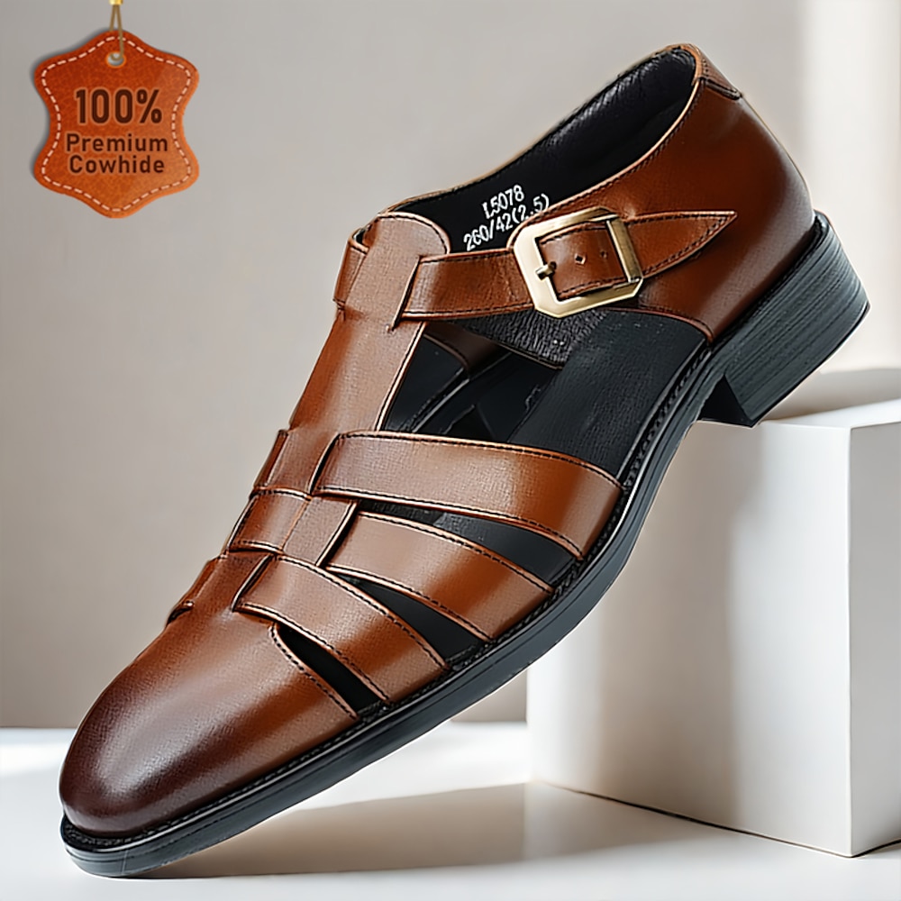 Braune Sandalen aus hochwertigem Rindsleder für Herren - offener Gladiator-Stil mit Schnallenverschluss, bequeme und atmungsaktive Freizeitschuhe für den Sommer Lightinthebox