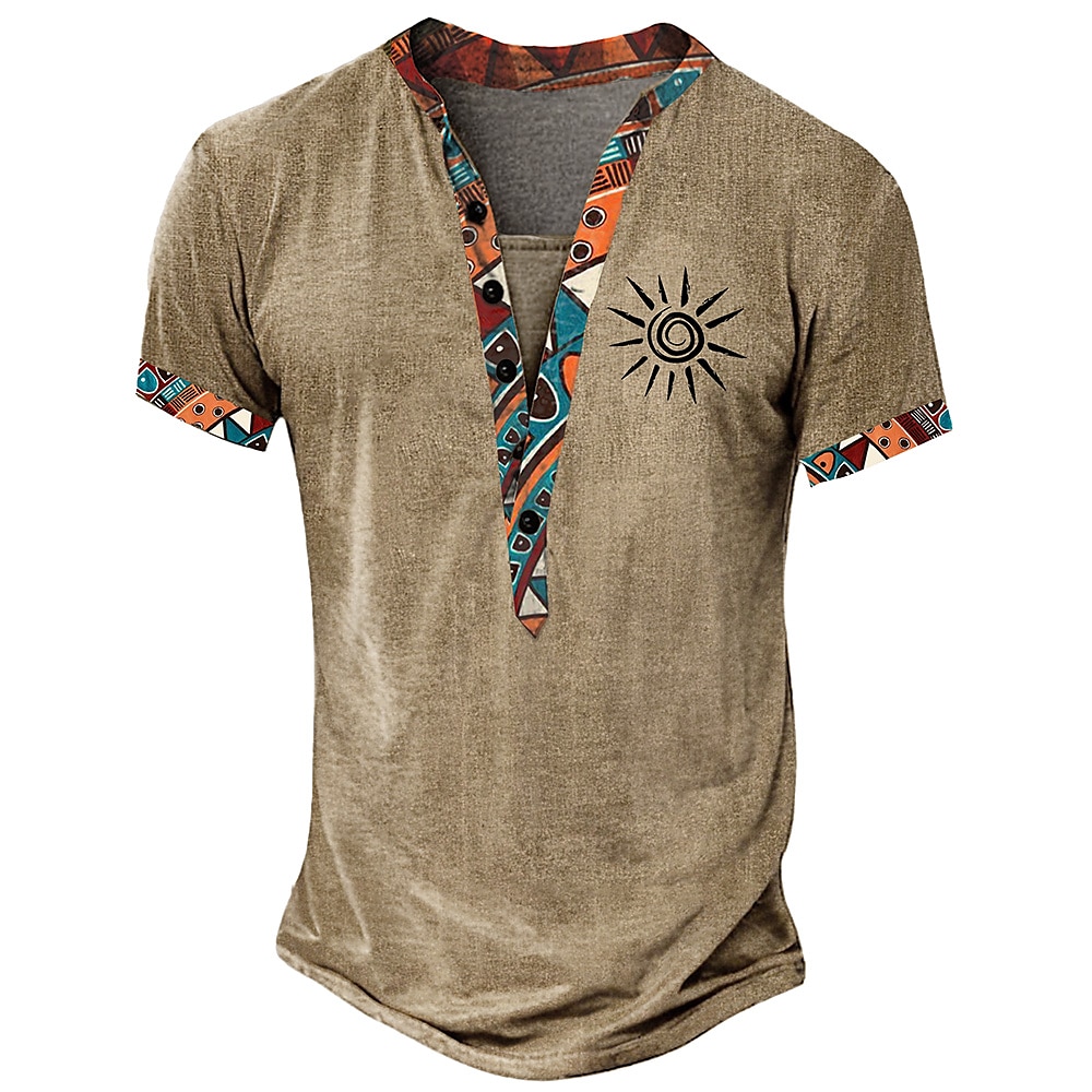 Herren Stammes Bandana-Druck T Shirt Henley Shirt Kurzarm 3D-Druck Designer Ethnisch Casual Täglich Sommer Frühling Gelb Braun Grün Stehkragen Henley T-Shirt Lightinthebox