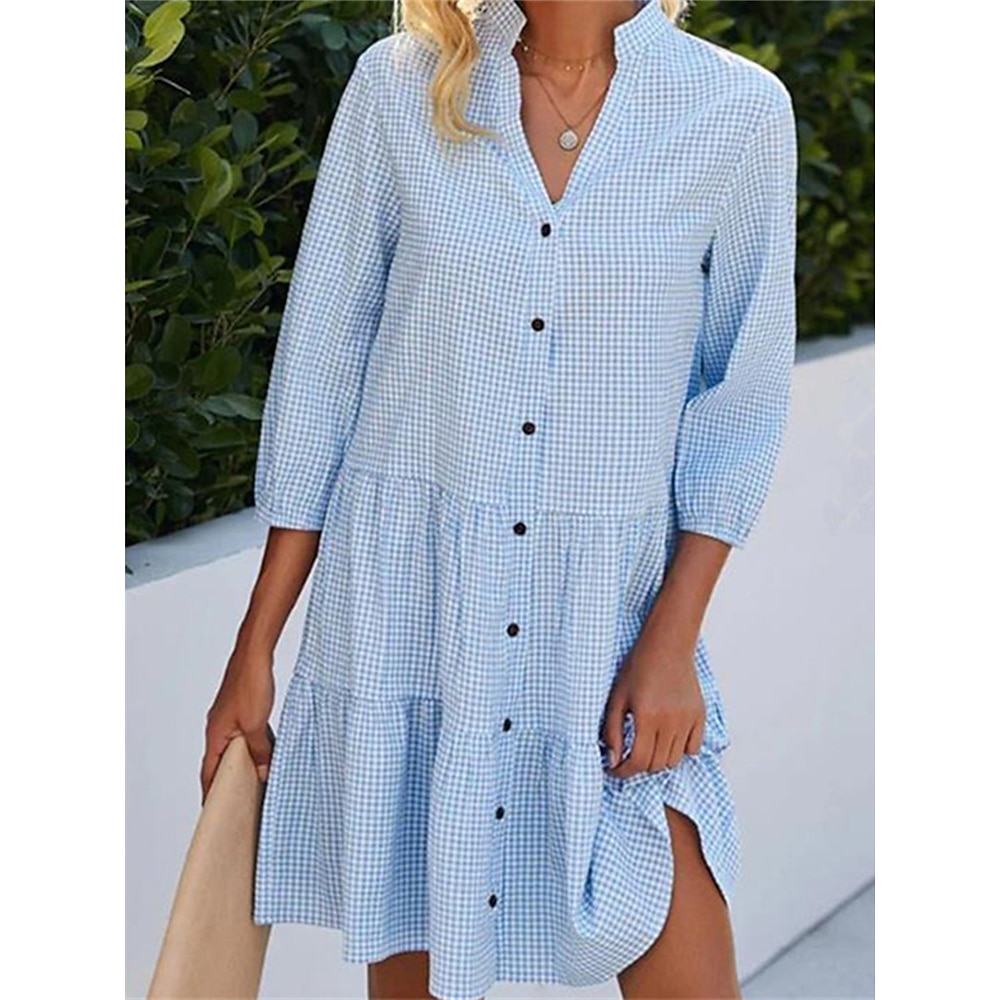 Damen blusenkleid Casual kleid Minikleid Verabredung Urlaub Baumwolle Modern Brautkleider schlicht Gespaltener Hals Rüsche Taste 3/4 Ärmel Sommer Frühling Lockere Passform Plaid Lightinthebox