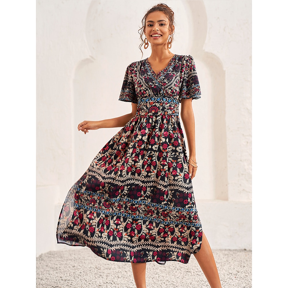 Damen Etuikleid Schaukelkleid Elegant Blumen Midikleid Kurzarm Flattrige Ärmel V Ausschnitt Spitze Regular Fit Urlaub Täglich Strand Wein Sommer Frühling Lightinthebox