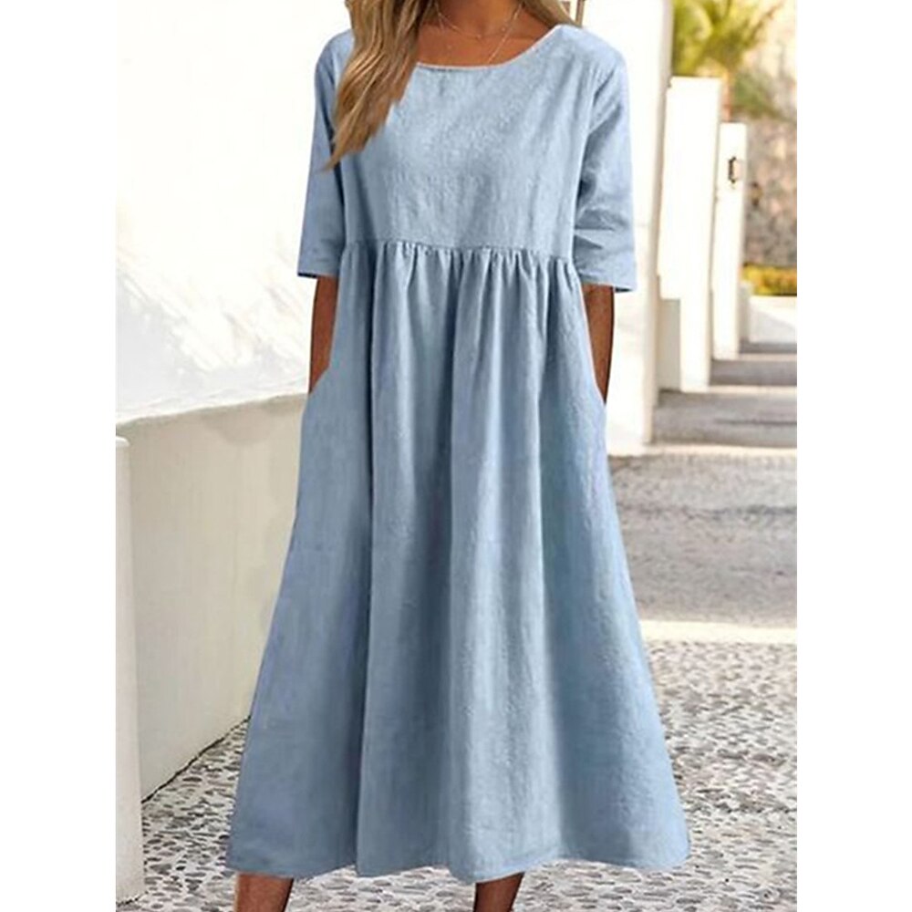 Damen-Midikleid aus Denim-ähnlichem Stoff, ausgestellter Rock, Dreiviertelärmel, runder Ausschnitt, einfarbig blau, lässiges Frühlings-/Herbstkleid, Brunch-/Tageskleid, bequem zum Überziehen, Lightinthebox