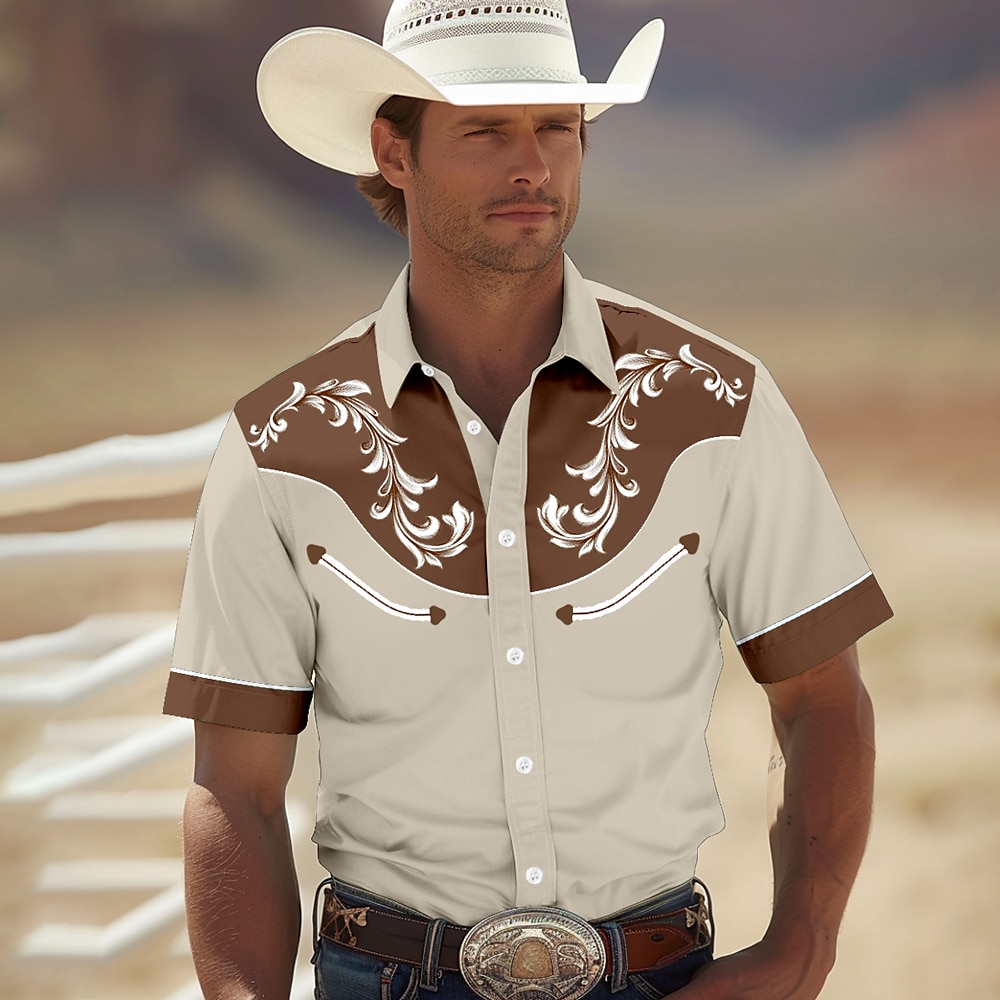 Herren Hemd Westernhemd Cowboy-Shirt Kurzarm westlicher Stil Stamm Sommer Frühling Hemdkragen Gelb Grün Khaki Dunkelblau Lightinthebox