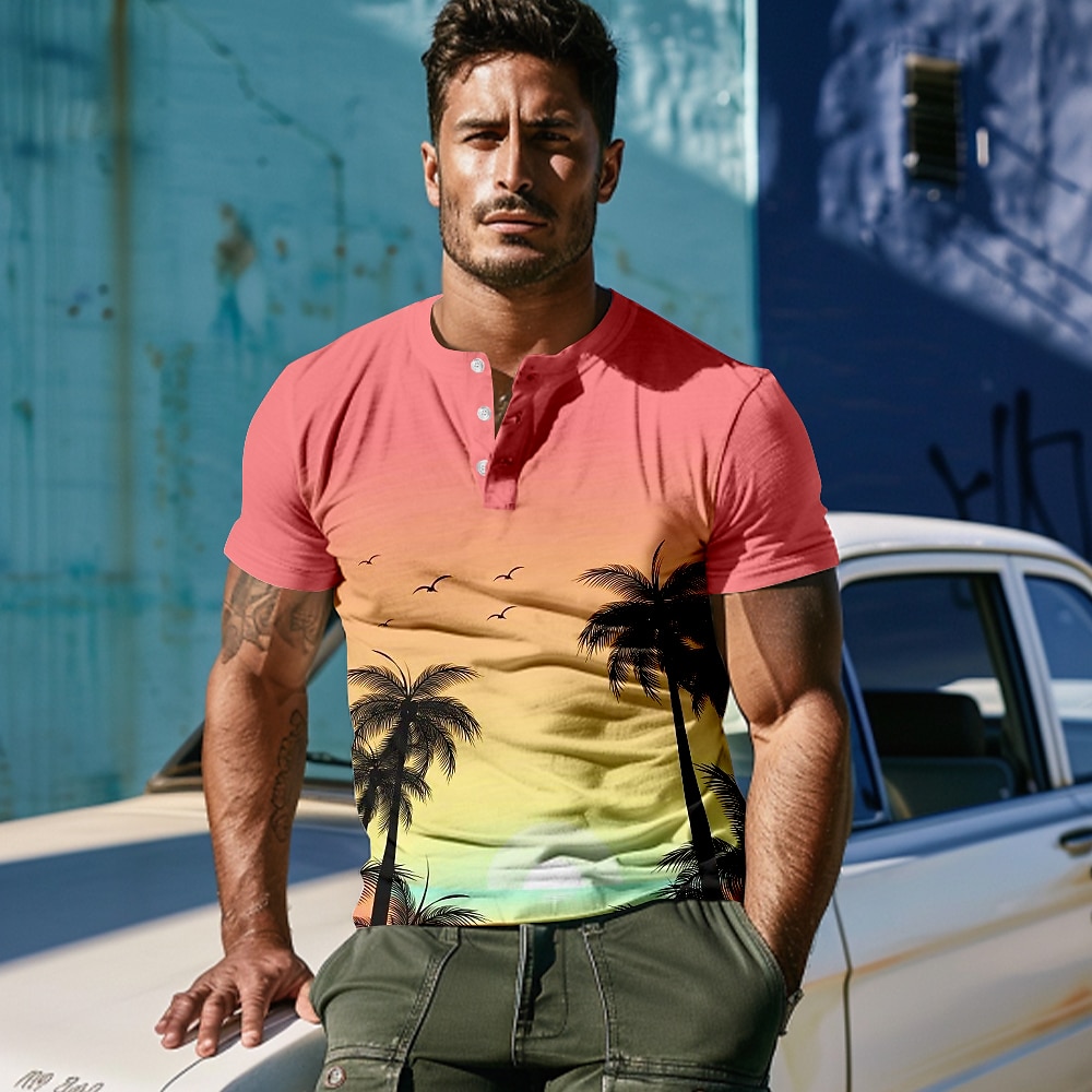 Herren Graphic Nautisch Palme T Shirt Henley Shirt Kurzarm 3D-Druck Urlaub Designer Strasse Casual Täglich Sommer Frühling Regenbogen Henley Henley T-Shirt Lightinthebox