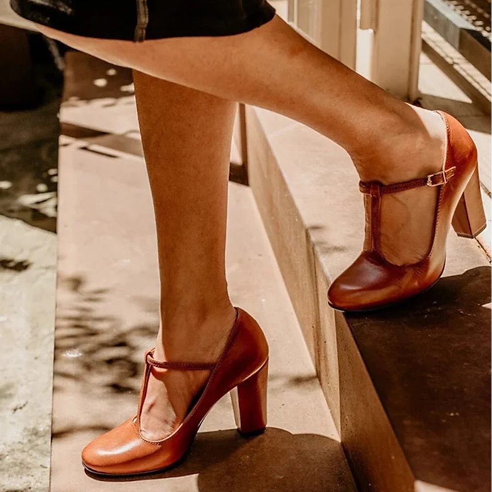 Damen Absätze Retro Party B¨¹ro Schnalle Blockabsatz Runde Zehe Elegant Vintage Wanderschuhe PU T-Riemen Braun Lightinthebox