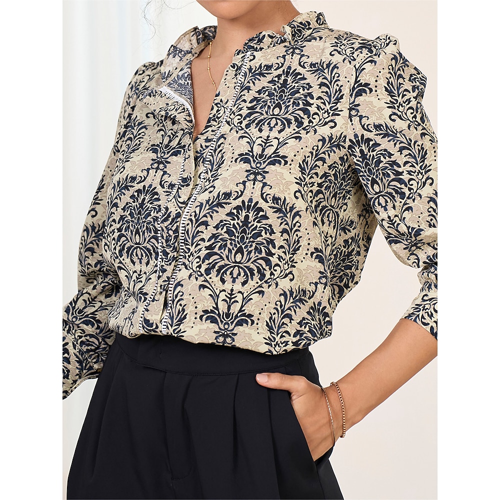 Damen Hemd Bluse Modisch Geschäftlich Klassisch Blumen Damast Normale Oberteile Langarm Stehkragen Knopf Ausgeschnitten Bedruckt Regular Fit Arbeit Casual Marineblau Sommer Frühling Herbst Lightinthebox