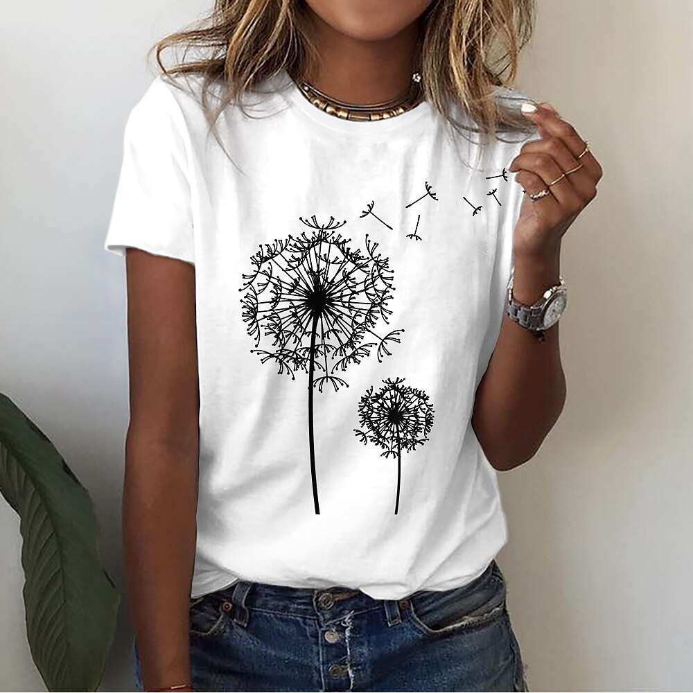 Damen T Shirt Schwarz Weiß Gelb Schmetterling Löwenzahn Bedruckt Kurzarm Casual Festtage Basic Rundhalsausschnitt Standard Blume Farbe S Lightinthebox