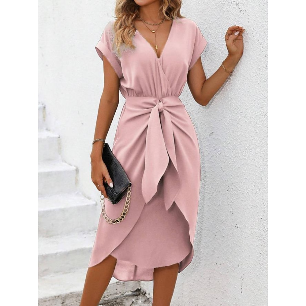 Wickelkleid mit V-Ausschnitt für Damen, pastellrosa, kurzärmlig, hochgeschlossen, Midi, elegant, lässig, für die Arbeit, Sommermode, Kleidung Lightinthebox