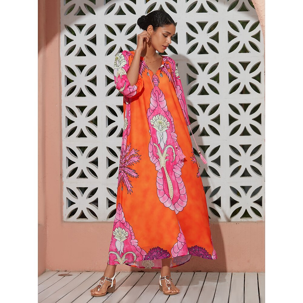 Damen Saum Maxi Maxidress Dunkelgrün Orange Halbe Ärmel Pflanzen Saite Sommer V Ausschnitt Kleider Urlaub XS S M Lightinthebox