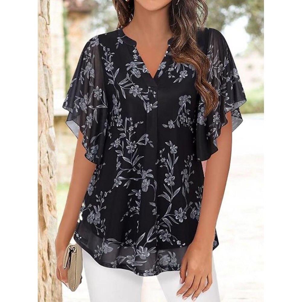 Damen Hemd Boho-Shirt Bauernbluse Elegante Oberteile Rüsche Täglich Urlaub Ausgehen Elegant Böhmen Hawaiianisch Flattrige Ärmel Kurzarm Schwarz Sommer Lightinthebox