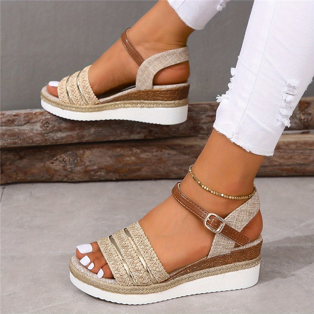 Damen Sandalen Sandalen mit Keilabsatz Täglich Urlaub Sommer Blockabsatz Peep Toe Urlaub Brautkleider schlicht Komfort Leinen Stoff Schnalle Beige Lightinthebox