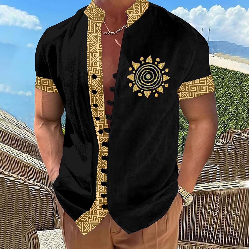 Herren Ethnisch Südwestlicher Druck Knopfhemd Bedruckte Hemden Kurzarm Hawaiianisch Resort Urlaub Festtage Freizeitskleidung Sommer Stehkragen Bedruckt Button-Down Schwarz Lightinthebox