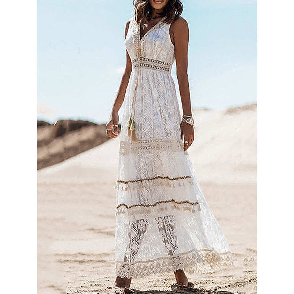 Damen Langes Kleid Maxikleid Maxikleid Weißes Kleid Boho Chic Kleider Boho-Kleid Bohemien Hochzeit Urlaub Date Normale Passform Ärmellos V Ausschnitt Weiß Aprikose Sommer Lightinthebox