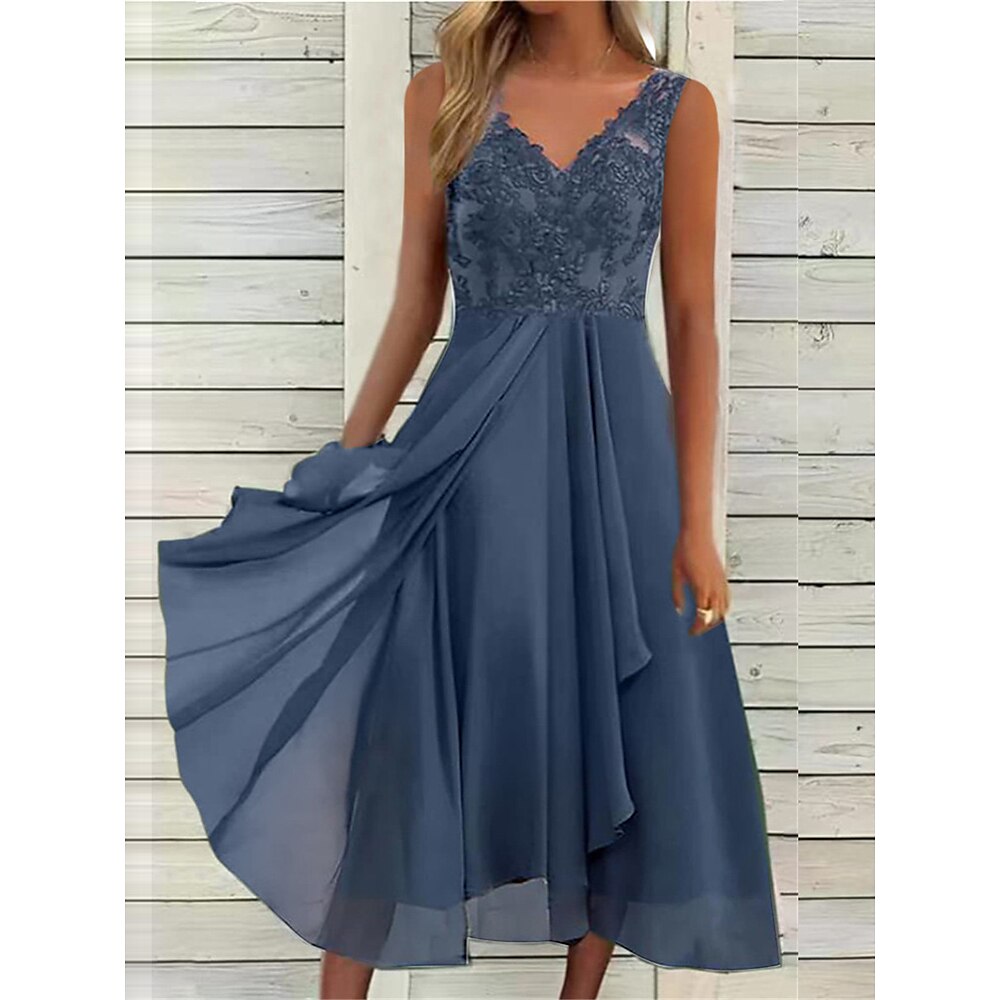 Damen Spitzenkleid Midikleid Chiffon Spitze Patchwork Verabredung Urlaub Strassenmode Brautkleider schlicht V Ausschnitt Ärmellos Blau Grün Farbe Lightinthebox