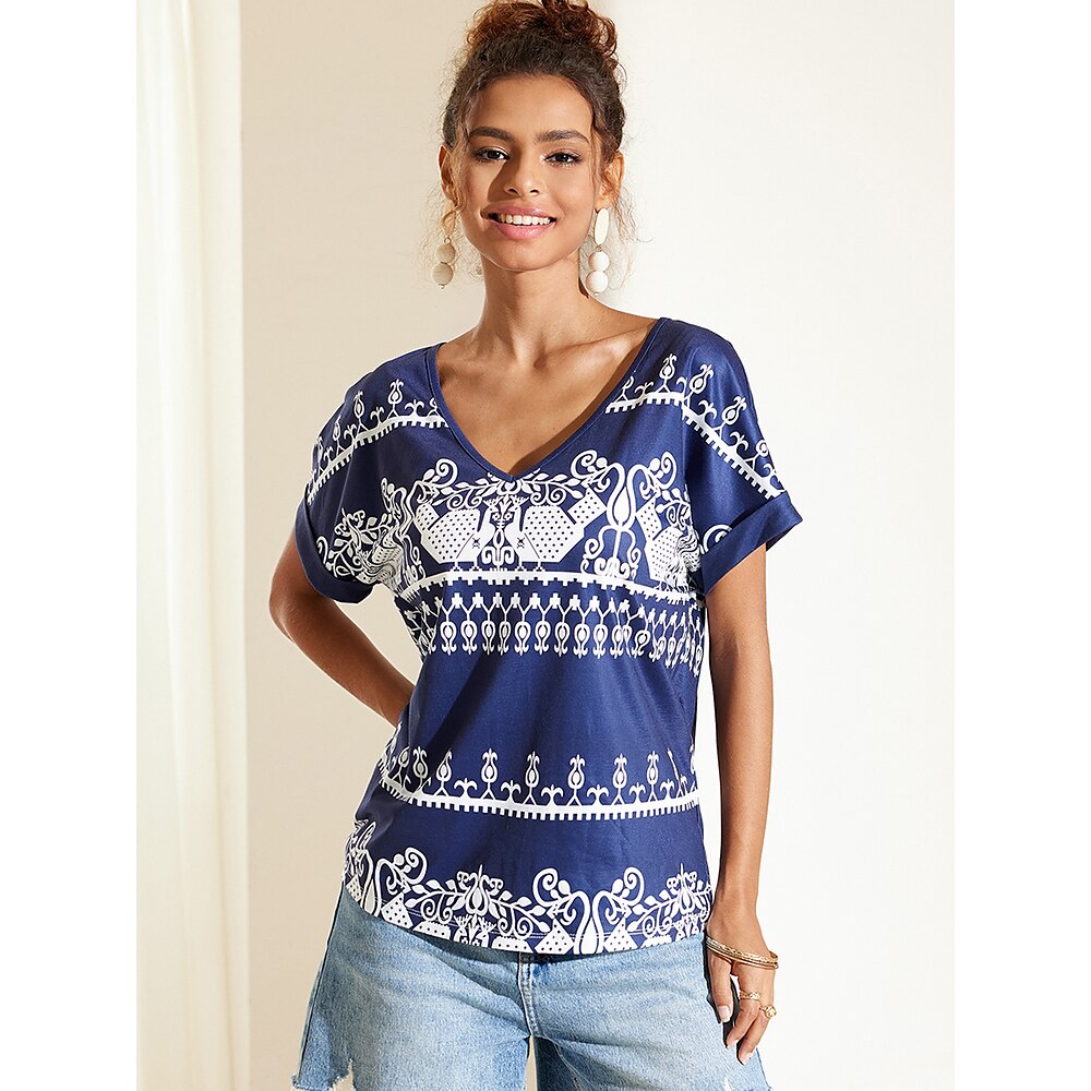 Damen T Shirt Gestreift Vintage Kurzarm V Ausschnitt Normale Oberteile Casual Täglich Bedruckt Schwarz Marineblau Grün Sommer Lightinthebox