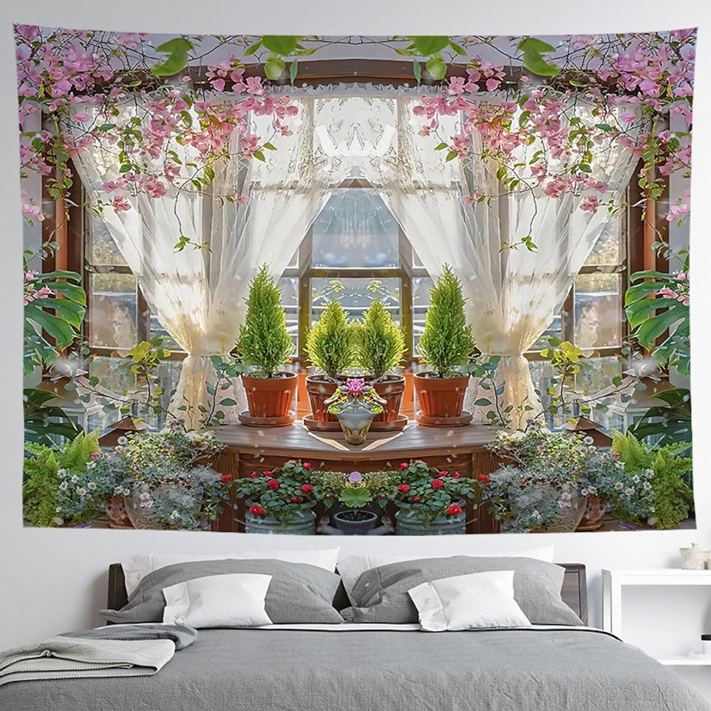 Valentinstag Fantasie Fenster Blumen hängen Wandteppich Wandkunst große Wandteppich Wandbild Dekor Fotografie Hintergrund Decke Vorhang Haus Schlafzimmer Wohnzimmer Dekoration Lightinthebox