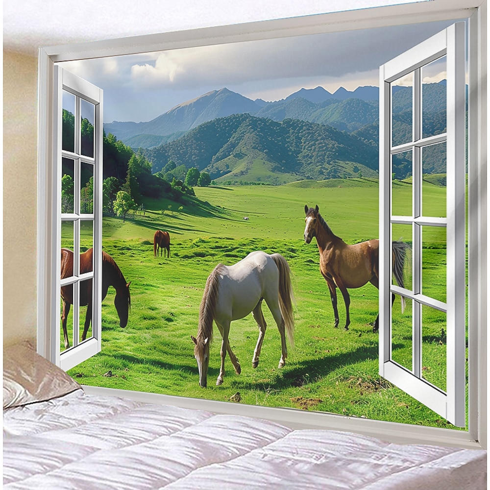 Wandteppich Fenster Tiere Bär hängen Tapisserie Wand Kunst große Tapisserie Wandbild Dekor Fotografie Hintergrund Decke Vorhang Haus Schlafzimmer Wohnzimmer Dekoration Lightinthebox