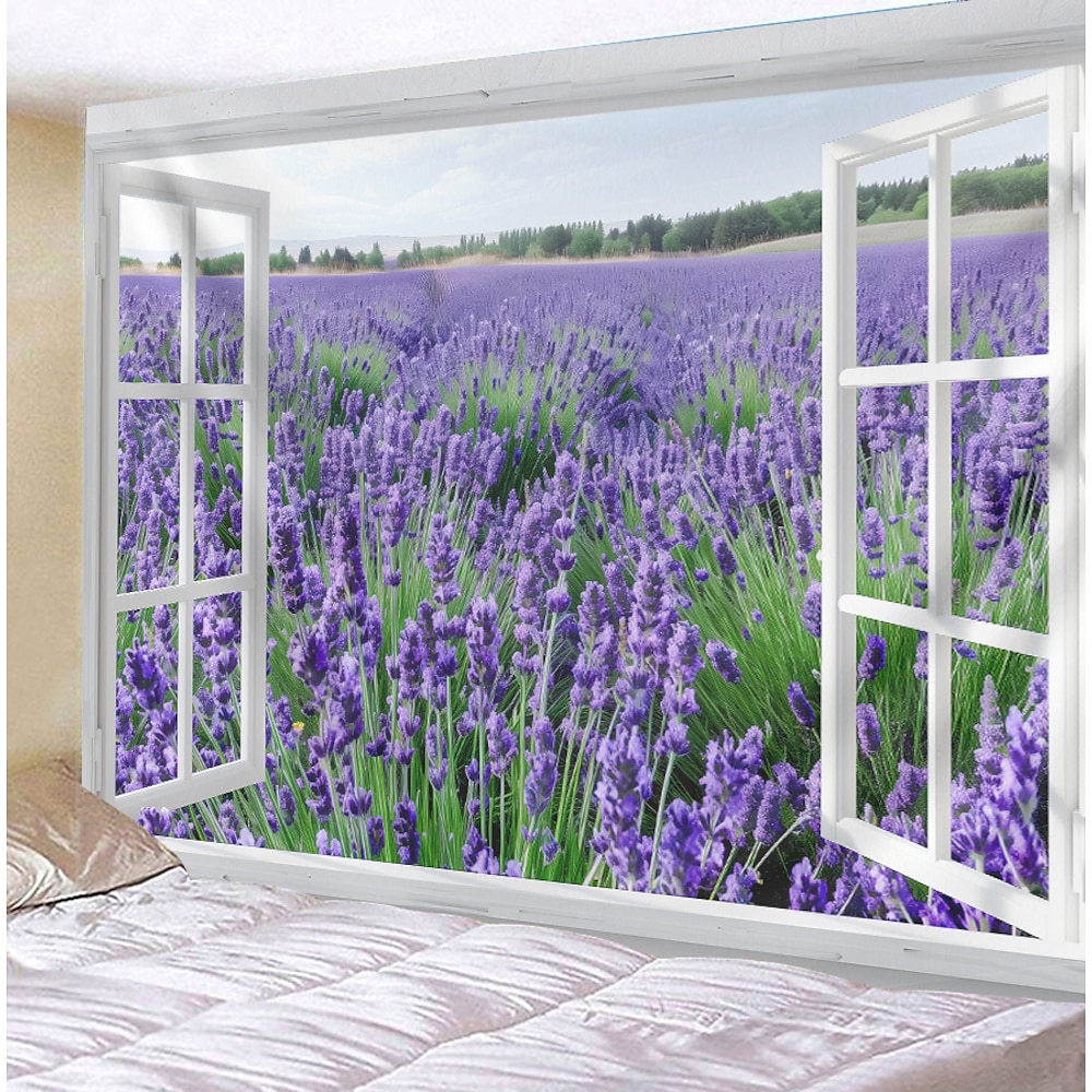 Fenster Blumen Feld hängen Wandteppich Kunst große Wandteppich Wandbild Dekor Fotografie Hintergrund Decke Vorhang Haus Schlafzimmer Wohnzimmer Dekoration Wandtuch XXL Natur Lightinthebox