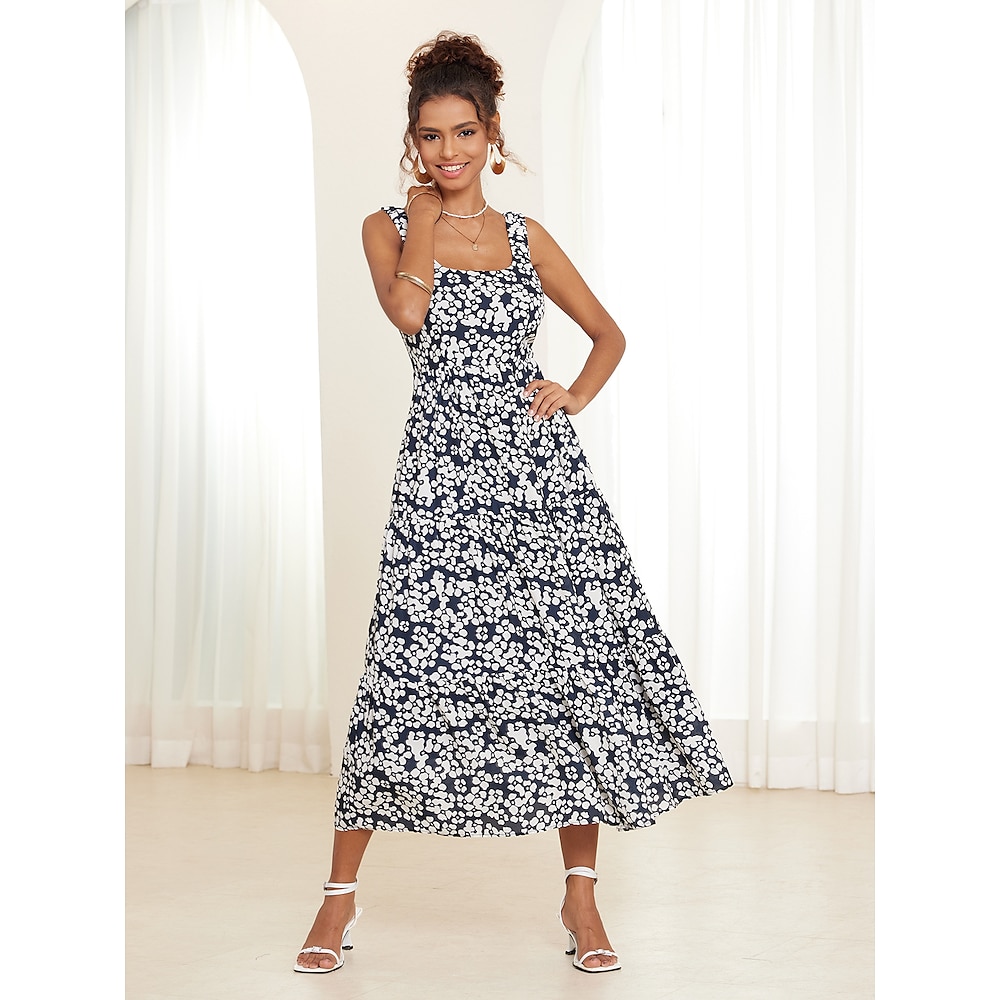Maxikleid für Damen, Blumendruck, ärmellos, quadratischer Ausschnitt, lässig, Sommer, A-Linie, blau-weiß, leichter Stoff, Gartenparty, Strandmode, vielseitige Größen Lightinthebox