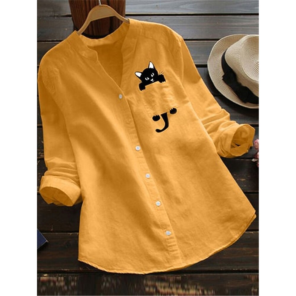 Damen Hemd Hemd aus Baumwollleinen Bluse Katze Basic Modern V Ausschnitt Täglich Bedruckt Weiß Gelb Armeegrün Rote Sommer Lightinthebox