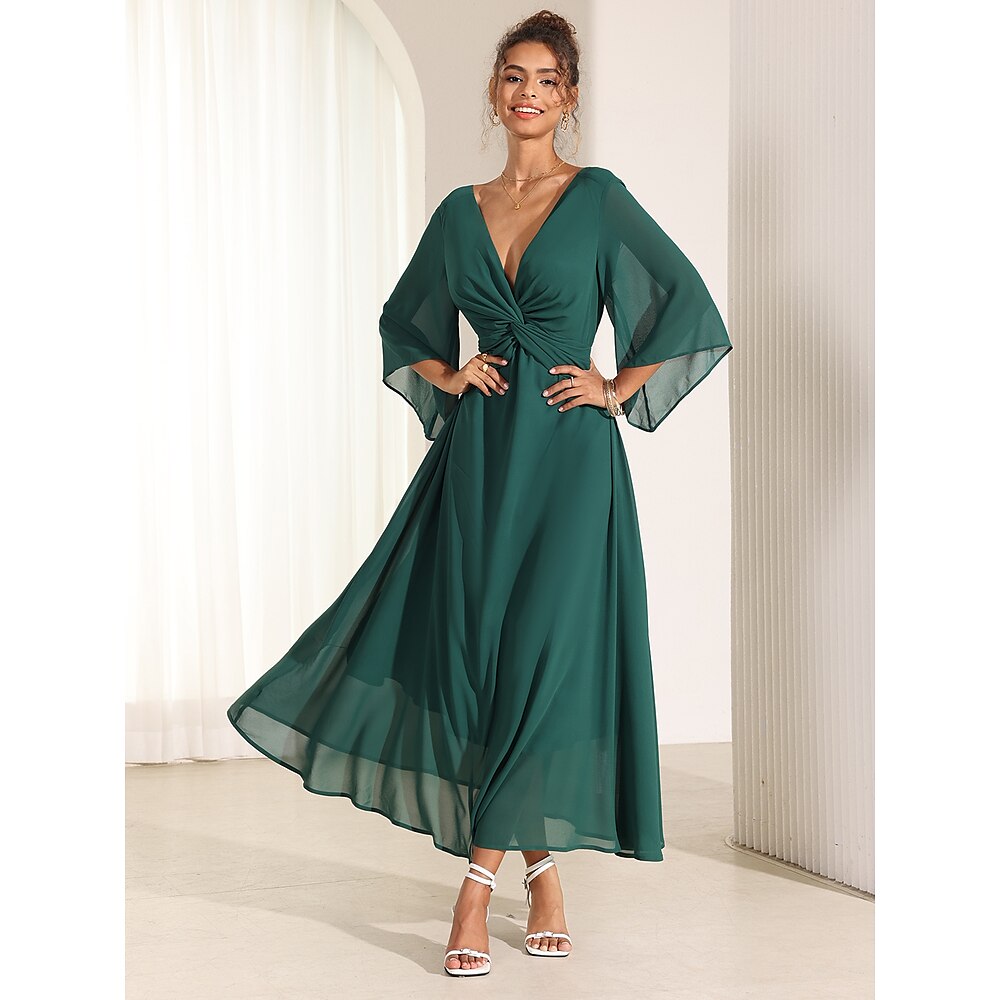 Cocktailkleid für Hochzeitsgäste aus Chiffon mit einfarbigen Rüschen und gedrehten, eleganten Sommer-Maxikleider mit V-Ausschnitt und ausgestellten 3/4-Ärmeln Lightinthebox