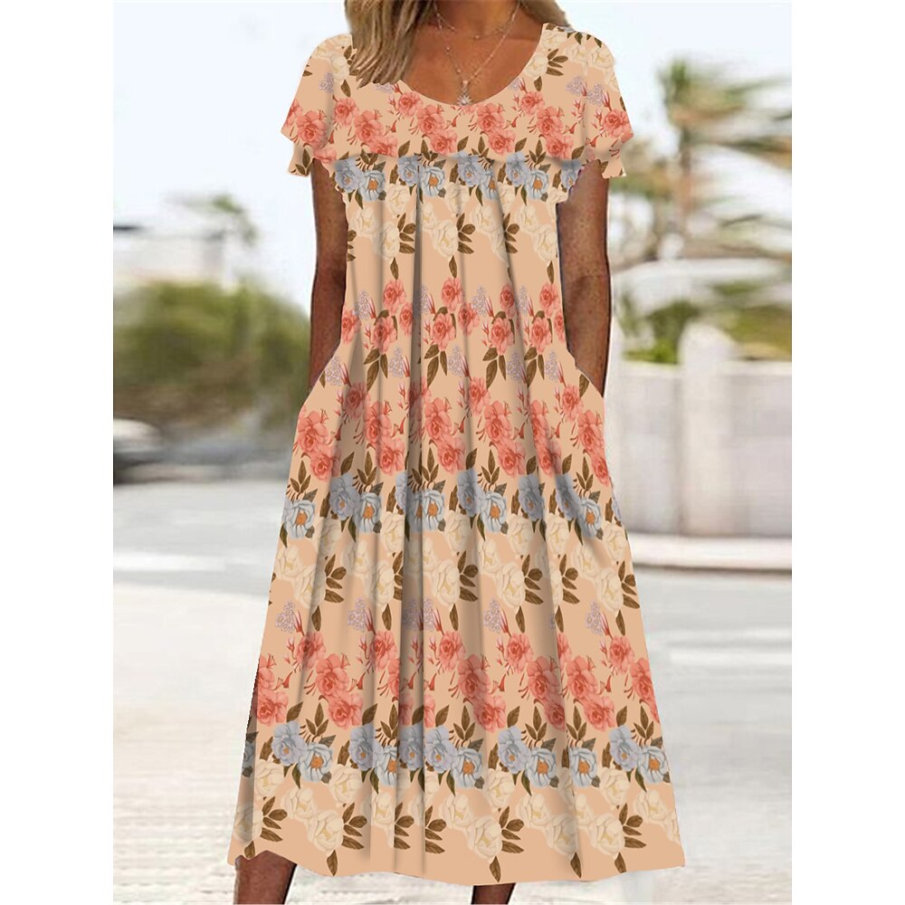 Damen-Midikleid mit Blumenmuster, gerüschter Tasche, Rundhalsausschnitt, für den Alltag, Urlaub, kurze Ärmel, Sommer, Frühling Lightinthebox