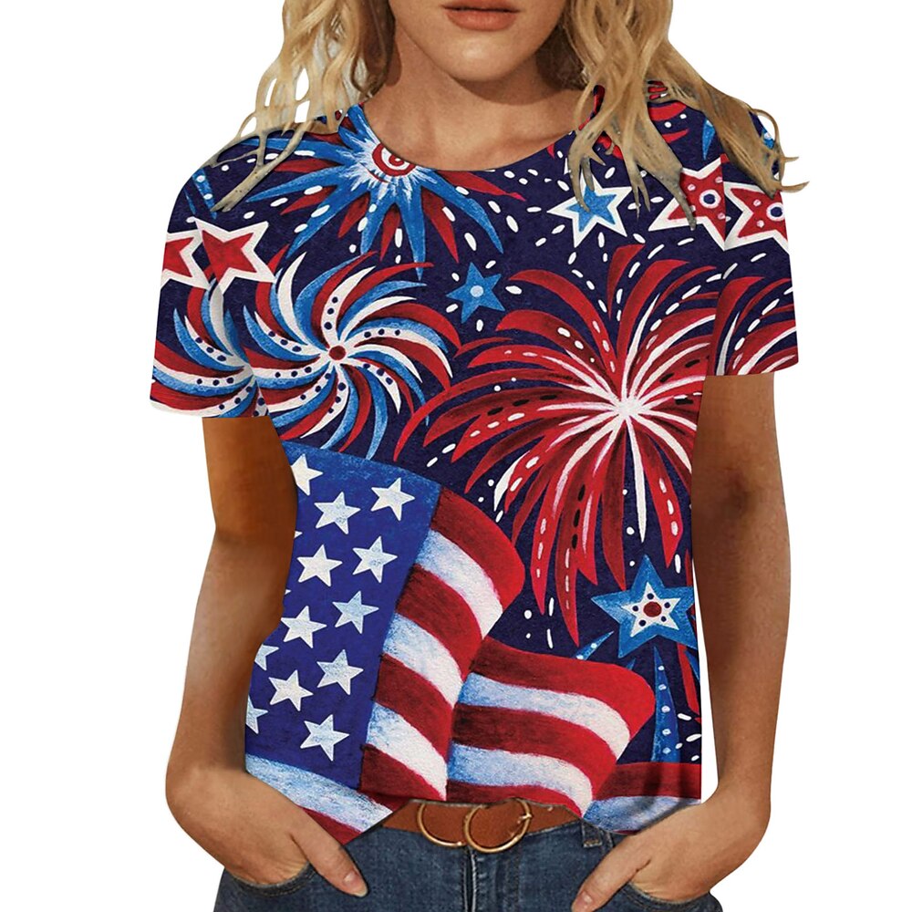 Damen T-Shirt Rundhals Kurzarm mit amerikanischer Flagge und Feuerwerk-Aufdruck, patriotisches lässiges Sommeroberteil, rot-weiß-blau, festliches Urlaubs-T-Shirt, Übergröße erhältlich Lightinthebox