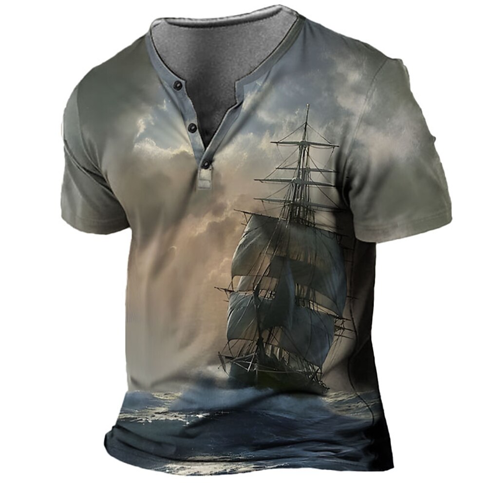 Herren Graphic Blitz Schiff T Shirt Henley Shirt Kurzarm 3D-Druck Designer Retro Vintage Strasse Casual Sommer Frühling Blau Grau Henley Henley T-Shirt Lightinthebox