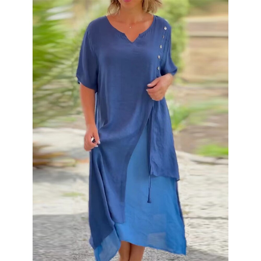 Damen Schwarz Rosa Blau Sommer Frühling Midikleid Casual kleid Baumwoll-Leinenkleid Basic Modern Täglich Wochenende Lockere Passform Glatt Gespaltener Hals Lightinthebox