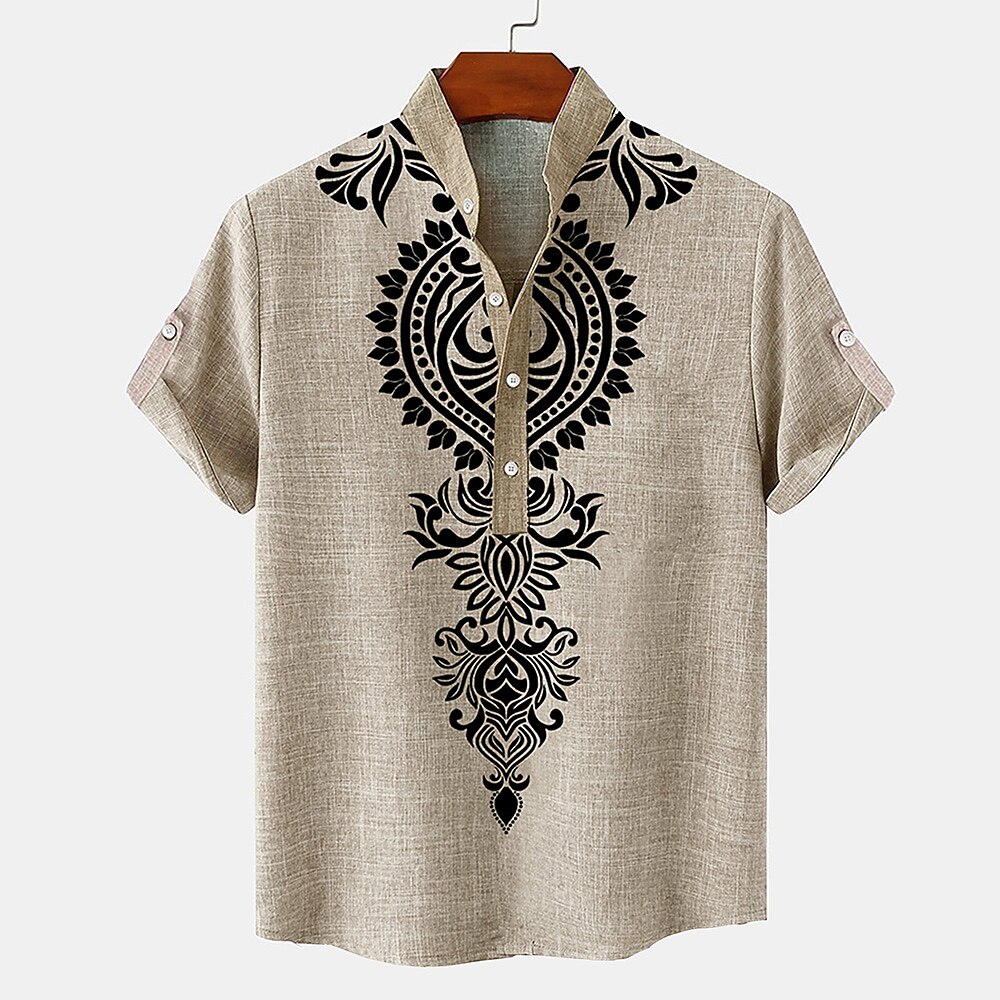 Herren Ethnisch leinenhemd Henley Shirt Kurzarm Brautkleider schlicht Stamm Täglich Urlaub Sommer Frühling Mandarinkragen Bedruckt Grün Khaki Beige Lightinthebox