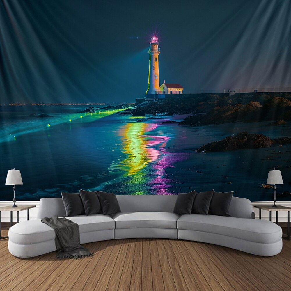 Schwarzlicht Wandteppich UV reaktiv im Dunkeln leuchtend Party Neon Lichtturm Natur psychedelisch trippig neblig hängender Wandteppich Wandbild für Wohnzimmer Schlafzimmer Lightinthebox