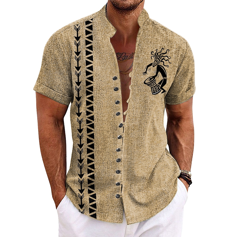 Herren Ethnisch Kokopelli Hemd Knopfhemd Kurzarm Brautkleider schlicht Stamm Urlaub Täglich Sommer Frühling Stehkragen Opa Kragen Knopf Bedruckt Rosa Blau Grün Khaki Beige Lightinthebox