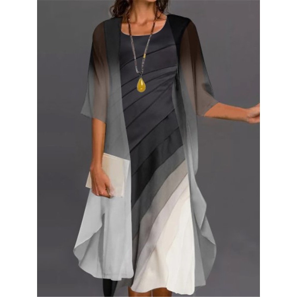 Damen Kleid-Set Chiffon-Kleid Ausgefallene Farbblock Bedruckt kleid lang Halbe Ärmel Rundhalsausschnitt Party kleid hochzeitsgast Schwarz Khaki Grau Sommer Herbst Regular Fit Lightinthebox