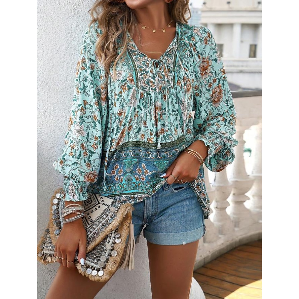 Damenbluse stylisch Boho Blumenmuster Bindeband vorne Laternenärmel Langarm Bindehals Alltag Pink Marineblau Orange Grün Sommer Lightinthebox