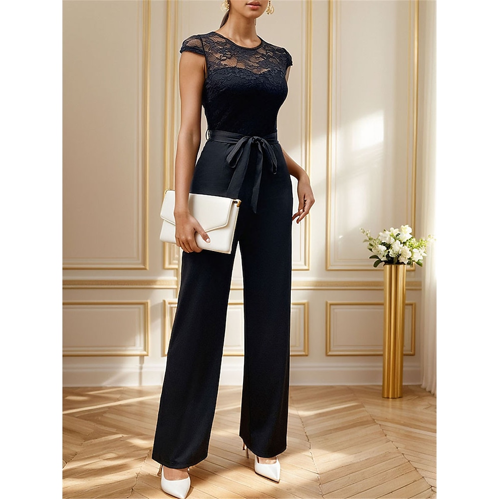 Damen Normal Jumpsuit Elegant Feste Farbe Kurzarm Rundhalsausschnitt Spitze Patchwork B¨¹ro Geschäft Regular Fit Schwarz Sommer Lightinthebox