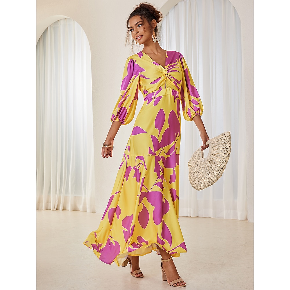 Damen Maxidress A Linie Kleid Stilvoll Puffärmel Urlaub Lockere Passform Farbblock 3/4 Ärmel V Ausschnitt Gelb Sommer Lightinthebox
