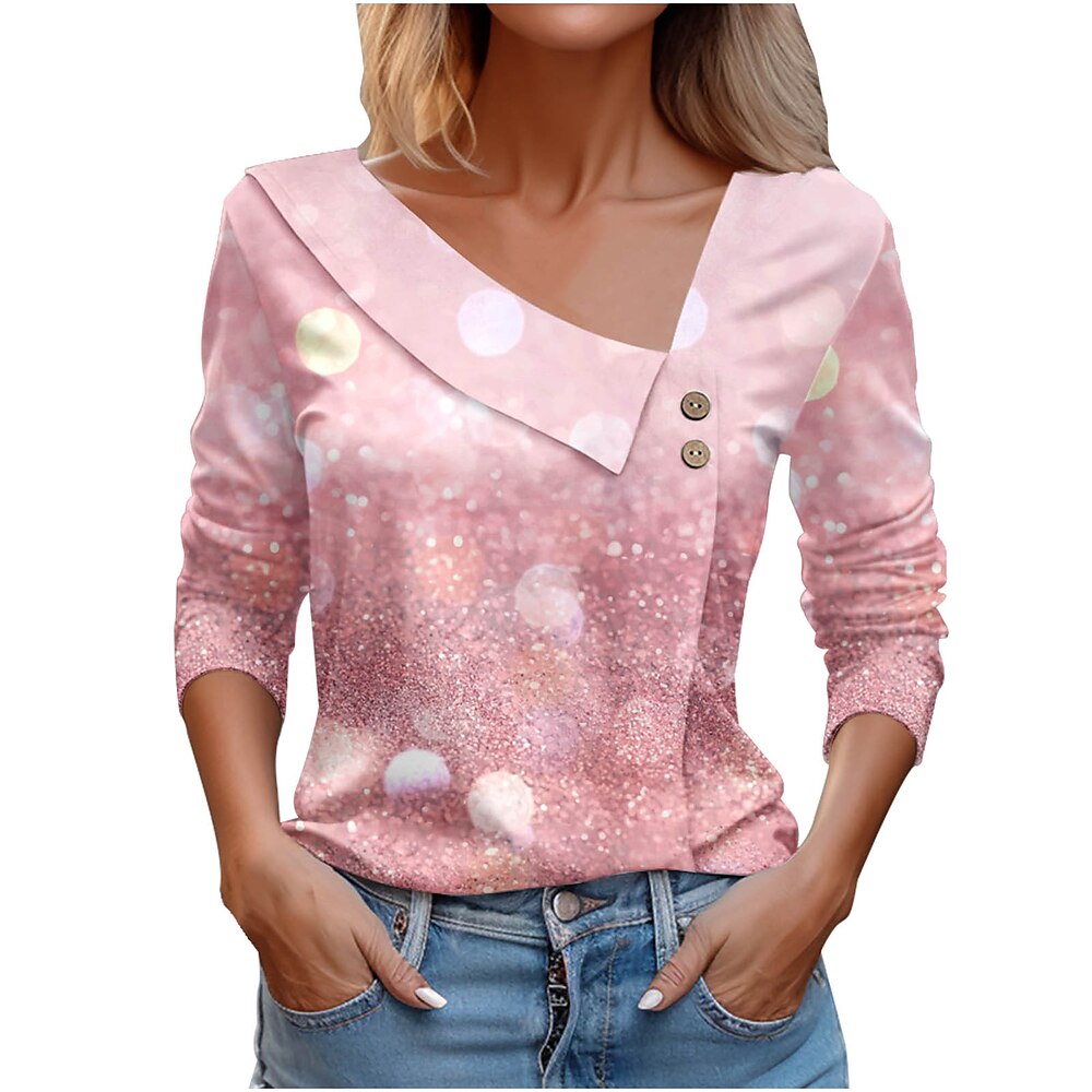 Damen Hemd Bluse Elegante Oberteile Taste Bedruckt Täglich Brautkleider schlicht Langarm V Ausschnitt Rosa Frühling Sommer Lightinthebox