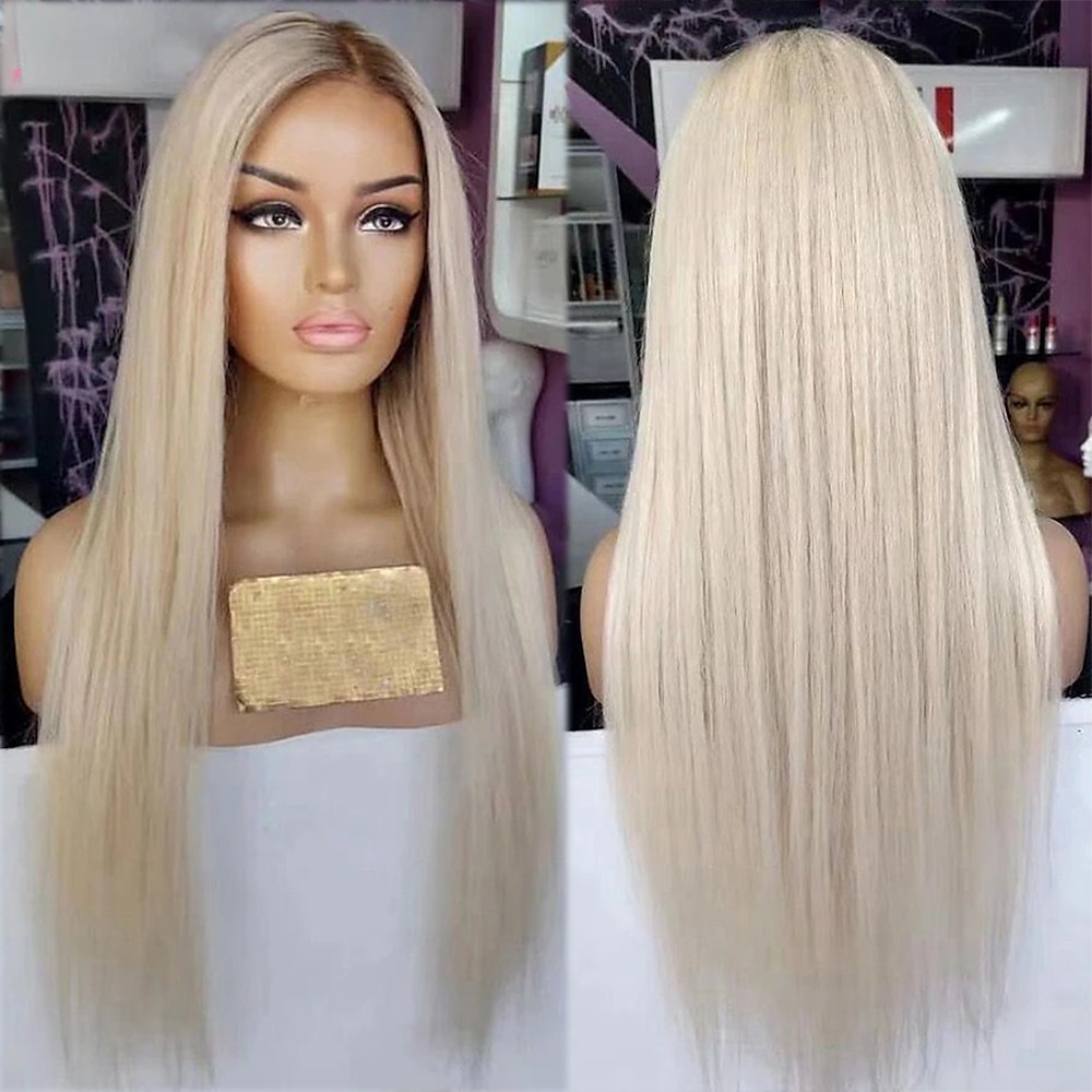 Aschblond, glatte Lace-Front-Perücke aus Remy-Menschenhaar, vorgezupftes brasilianisches Echthaar, gefärbte Ombre-Lace-Front-Perücke aus Menschenhaar mit Babyhaar für Frauen Lightinthebox