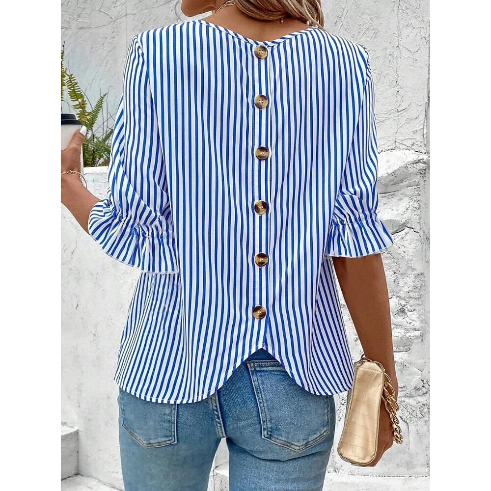 Damen Bluse Elegante Oberteile Gestreift Rüsche Taste Arbeit Elegant Böhmen Halbe Ärmel Rundhalsausschnitt Blau Sommer Lightinthebox