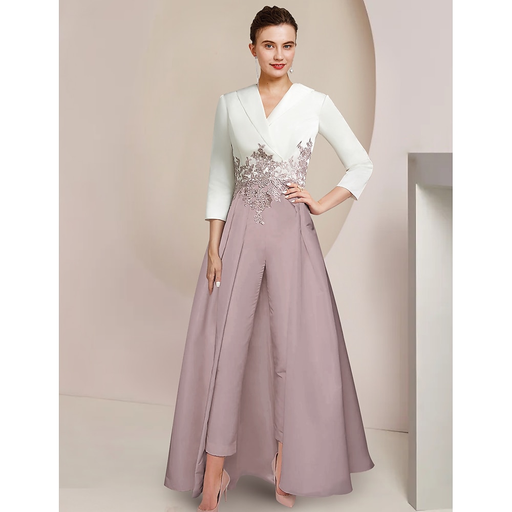 TS Zweiteiliges Jumpsuit Anzug Mutter der Braut Formeller Hochzeitsgast Elegante Feier V-Ausschnitt Knöchellang Krepp Spitze 3/4-lange Ärmel mit Applikationen Farbblock 2025 maßgeschneiderte Größe Lightinthebox