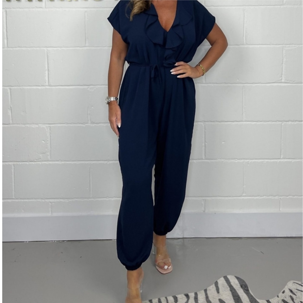 Damen Normal Jumpsuit Skims Feste Farbe Kurzarm T-Shirt Ärmel Breites Bein V Ausschnitt mit Schnürung Täglich Regular Fit Schwarz Weiß Armeegrün Sommer Lightinthebox