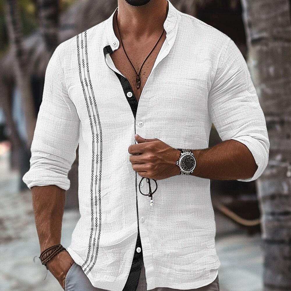 Herren Hemd leinenhemd Guayabera Hemd Hemd mit Stehkragen Sommerhemd Strandbekleidung Urlaub Curise Schwarz Weiß Rosa Blau Langarm Stehkragen Frühling Sommer Bekleidung Bestickt Lightinthebox