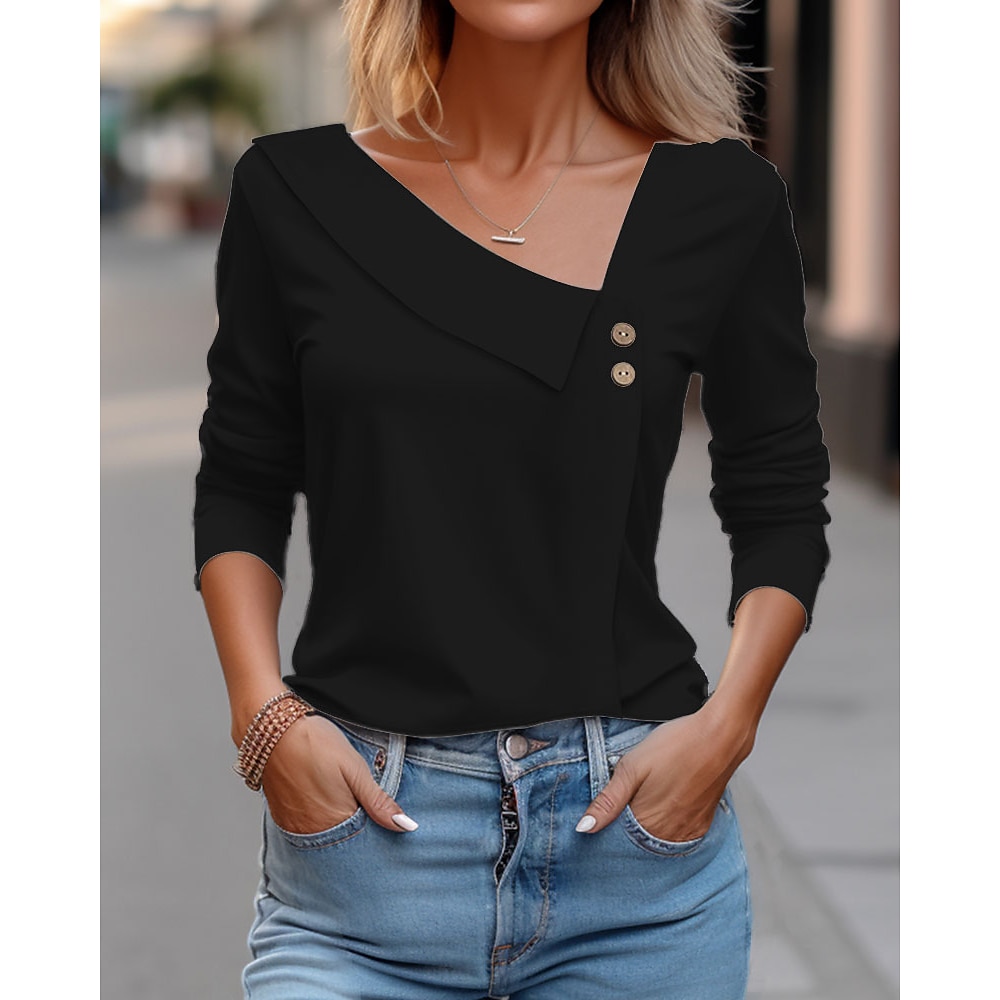 Damen T Shirt Glatt Modisch Basic Langarm V Ausschnitt Normale Oberteile Casual Täglich Wochenende Knopf Schwarz Weiß Rote Blau Grün Sommer Frühling Herbst Lightinthebox