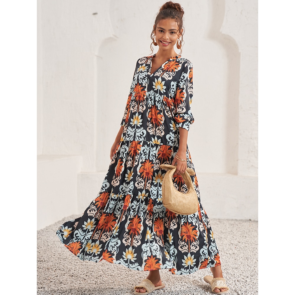 Damen Maxidress A Linie Kleid Boho Urlaub Lockere Passform Blumen 3/4 Ärmel V Ausschnitt Schwarz Frühling Lightinthebox