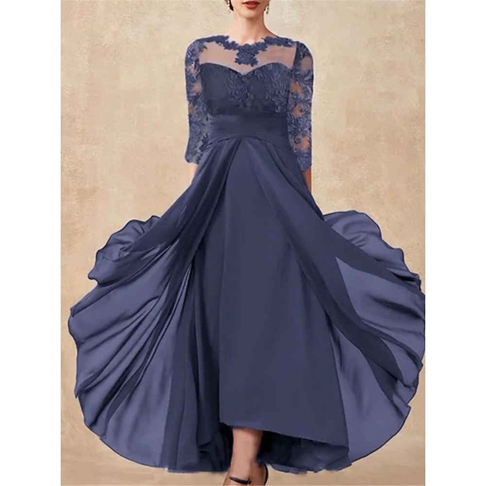 Damen Spitzenkleid Maxidress Chiffon Gespleisst Hochzeit Party Elegant Ausgefallene Rundhalsausschnitt 3/4 Ärmel Blau Farbe Lightinthebox