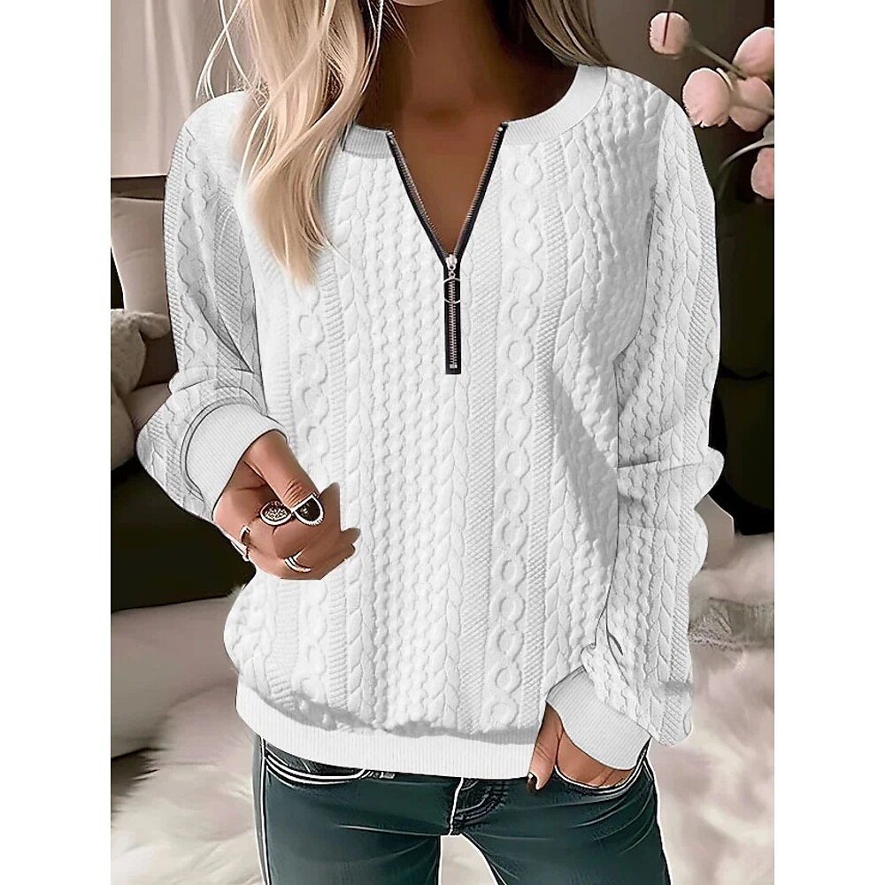 Damen Sweatshirt Pullover Zur Seite fahren Polyester Strukturiert Glatt Alltagskleidung Viertel Postleitzahl Brautkleider schlicht Rundhalsausschnitt Langarm Oberteil Mikro-elastisch Herbst Winter Lightinthebox