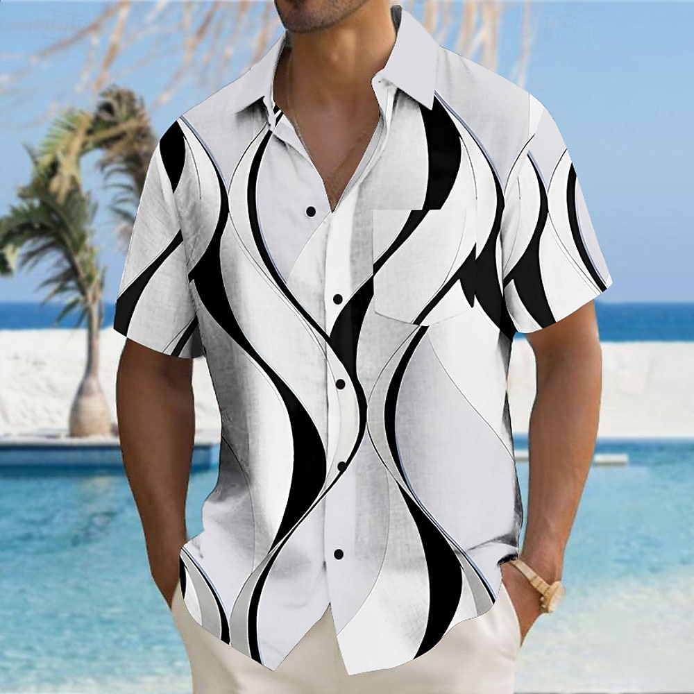 Herren Geometrisch Linien / Wellen Geometrische Muster Knopfhemd Bedruckte Hemden Kurzarm Hawaiianisch Resort Normal Casual Täglich Sommer Umlegekragen Bedruckt Button-Down Schwarz Weiß Blau Khaki Lightinthebox