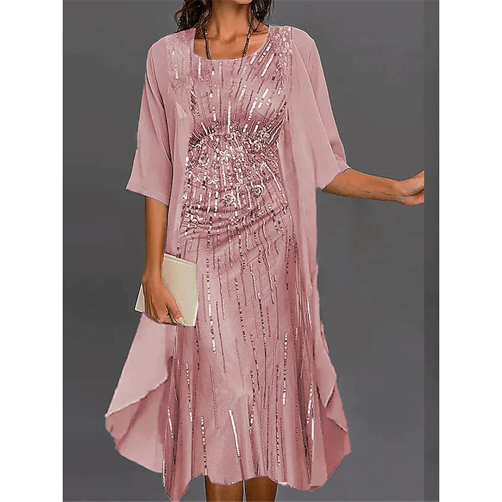 Damen Kleid-Set Chiffon-Kleid Ausgefallene Geometrisch Bedruckt kleid lang Halbe Ärmel Rundhalsausschnitt Party kleid hochzeitsgast Rosa Blau Grün Sommer Herbst Regular Fit Lightinthebox